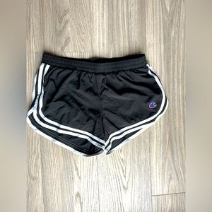 CHAMPION Running Shorts in Black with White Stripes and zipper back pocket